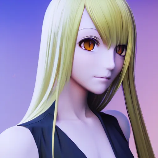 Prompt: render of a realistic anime woman with long yellow hair, detailed render, beautiful face, octane engine