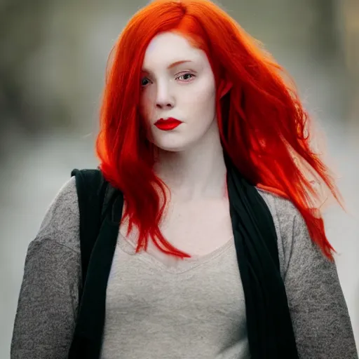 Prompt: a pale, beautiful woman with red hair on a bridge, vivid and detailed