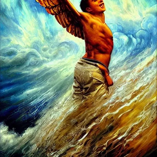Prompt: beautiful painting by karol bak of a fourteen year old boy with and enormous mechanical wing strapped to his back, standing on the back of a boat in a storm, his arms spread. ready to fly, icarus, winged boy, young teen, rain, clouds, waves, splash,