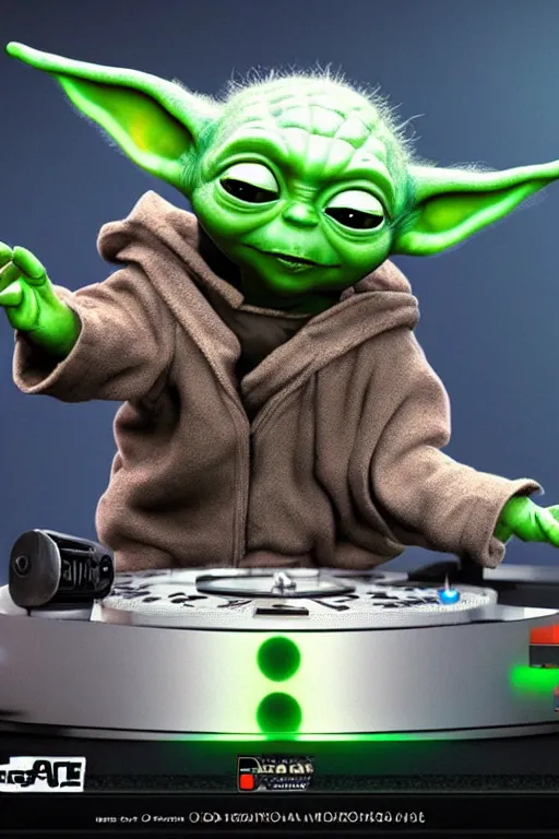 Prompt: baby yoda as a dj, illustration, highly detailed, artstation, grogu