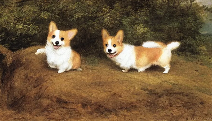 Image similar to A happy Corgi in nature, by Jean-Baptiste Oudry, by Beatrix Potter, by frank weston benson