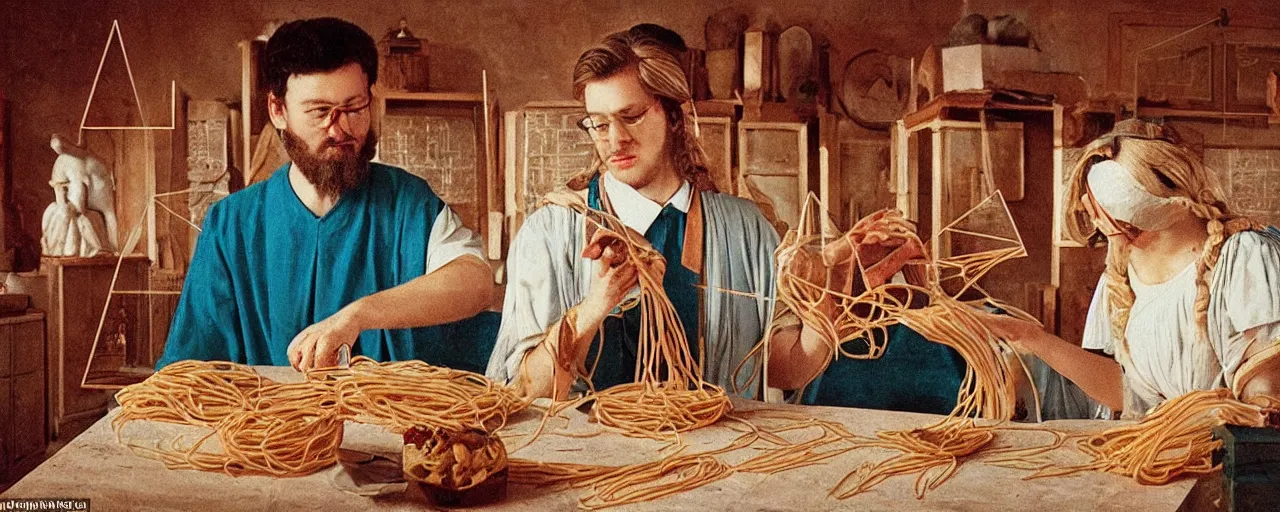 Image similar to ancient greek mathematician discovering geometry with spaghetti kodachrome, in the style of wes anderson, retro