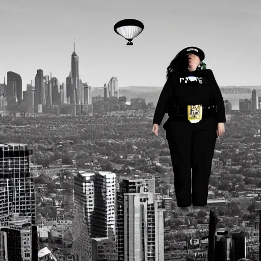 Image similar to Photo of a police officer inflated like a blimp. She's huge and round and floating over a cityscape.