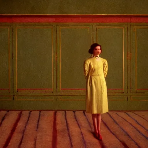 Image similar to a beautiful shiny girl in an soviet golden liminal abandoned room, film still by wes anderson, depicted by balthus, limited color palette, very intricate, art nouveau, highly detailed, lights by hopper, soft pastel colors