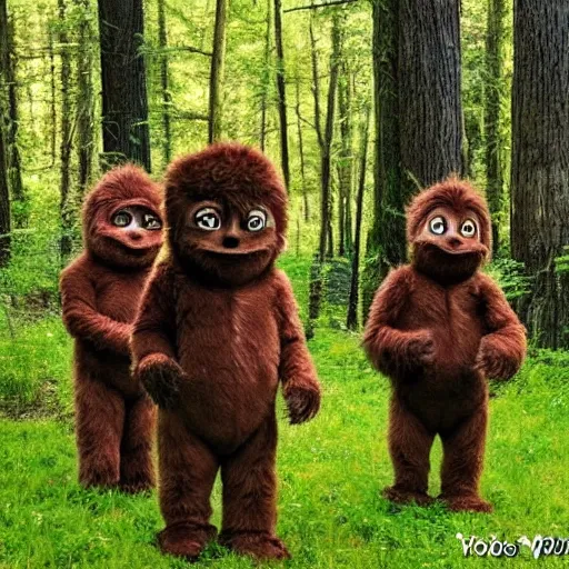 Image similar to photo of feral cryptid sasquatch teletubbies in the woods