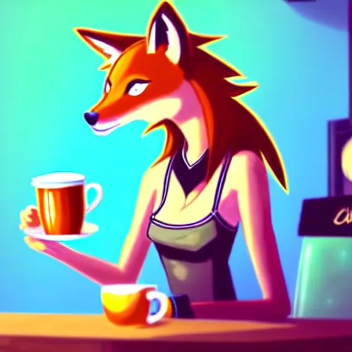 Image similar to a cute anthropomorphic maned wolf girl having a nice cup of coffee at the quiet and cheery local place. league of legends splash art