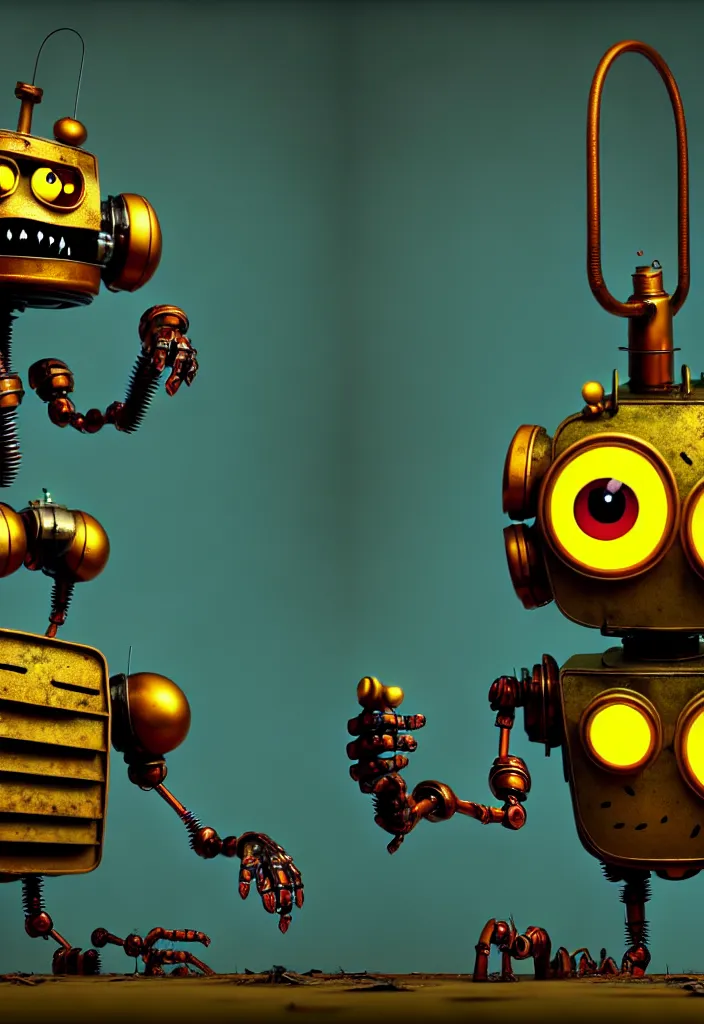 Prompt: , grotesque despair cute monster smooth paneling, golden robotic chest, with damaged rusty arms, broken antenna, recycled, floating, dystopia, oil, mechanical, toy, ambient light, in the style of pixar animation, pokedstudios, blender, octane render, 8 k, gediminas pranckevicius