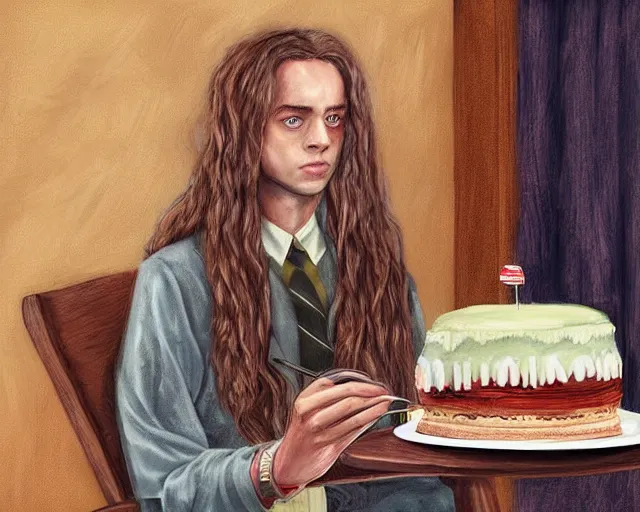 Image similar to Forrest gump eating a cake in hogwarts, digital art, highly detailed, in the style of Mandy Jurgens