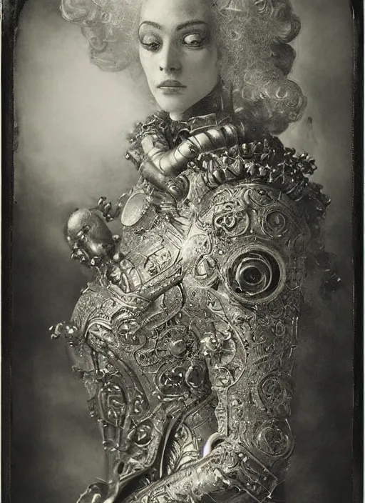 Image similar to old wetplate daguerreotype portrait of a futuristic silver armored marie antoinette cyborg, fractal, intricate, elegant, highly detailed, subsurface scattering, by jheronimus bosch and greg rutkowski and louis jacques mande daguerre