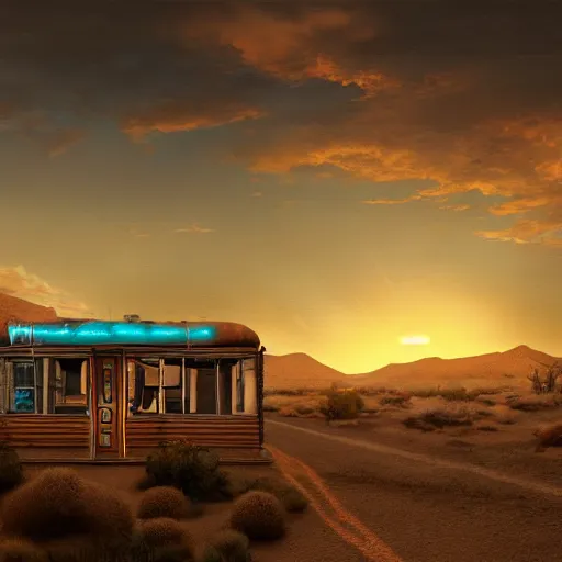 Image similar to abandoned diner in the desert by jon mccoy and georgehull, sunset, cinematic, cinematic lighting, photorealistic, hyperdetailed 3 d matte painting, iridescent, deviantart, trending on artstation, concept art