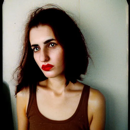 Image similar to 35mm film photo of an atractive cool alternative bosnian woman in her early 20s. beautiful face. She has dark brown hair, dark thick eyebrows, brown eyes and shoulder long hair.