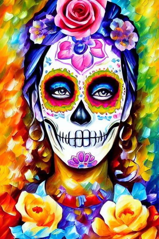 Prompt: illustration of a sugar skull day of the dead girl, art by leonid afremov