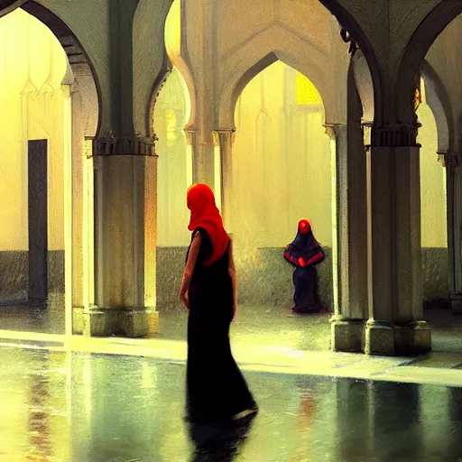 Prompt: action moment, detailed portrait of a woman, courtyard, capital, cyberpunk mosque interior, control panel, watcher, omniscient, tech noir, wet reflections, impressionism, atmospheric, ambient, speed painting, livia prima, edward hopper