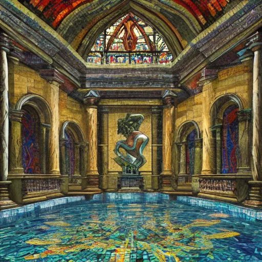 Prompt: a painting of a tropical ruins, celebrating a king being crowned, mosaic floor, stained glass windows, godrays, chandelier, pillars of marble, fountain of water, art by JohannesVoss, Donato Giancola, Ron Spencer, Aleksi Briclot, trending on artstation