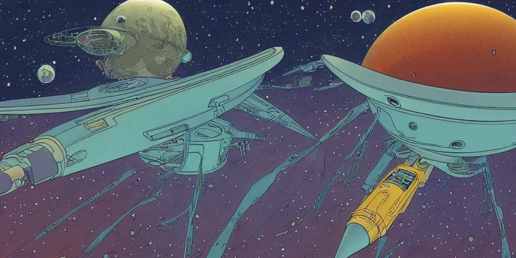 Prompt: illustration of a cosmic vista with a spaceship. Moebius.