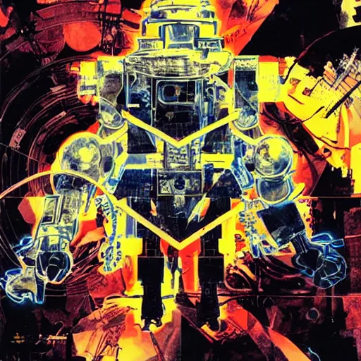 Prompt: the fullmetal neon friendly robot orion crosses the infinite boundary between reality and simulation, game poster by dave mckean, ivan shishkin, james jean and yoji shinkawa