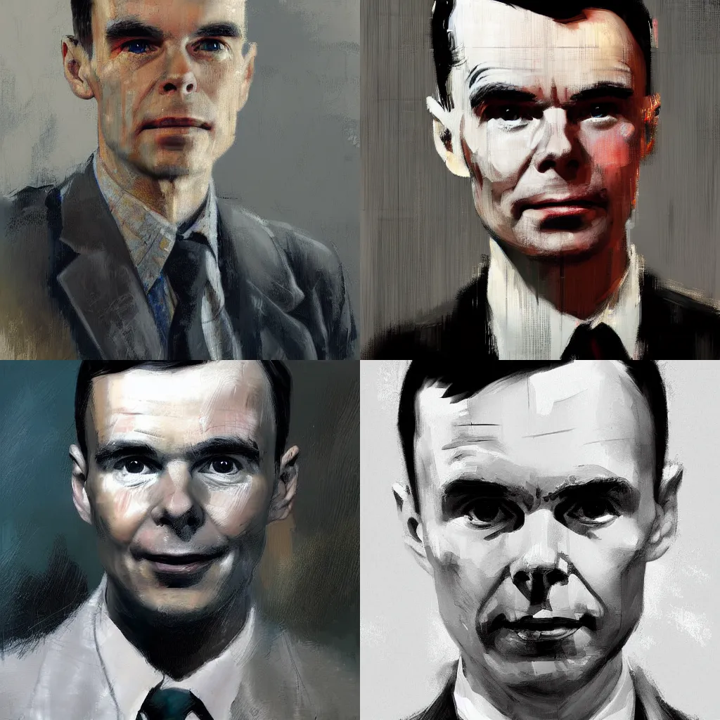 Prompt: A realistic hyperdetailed digital oil portrait painting of Alan Turing in the style of Guy Denning, Ruan Jia, and Craig Mullins. Contrasting background. Trending on ArtStation and DeviantArt. CGSociety Digital art.