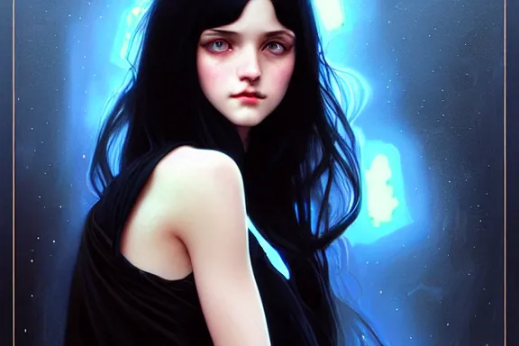 Image similar to portrait of teenage girl with long glossy black hair, blue eyes, glowing skin, fashion model features, fantasy, intricate, elegant, black dress, highly detailed, digital painting, artstation, concept art, smooth, sharp focus, illustration, art by Krenz Cushart and Artem Demura and alphonse mucha