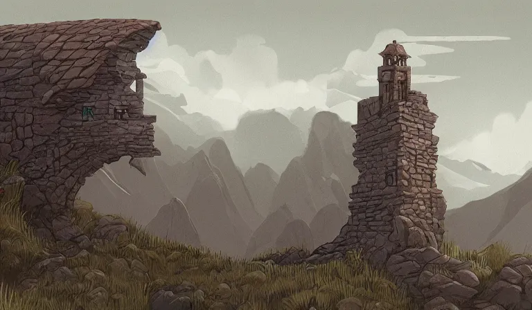 Prompt: A serene landscape with a singular building in the style of dungeons and dragons illustrations