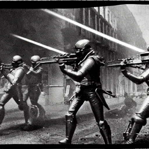 Prompt: grainy 1800s photo of a cybernetic warriors shooting humans with laser weapons in a smoky city