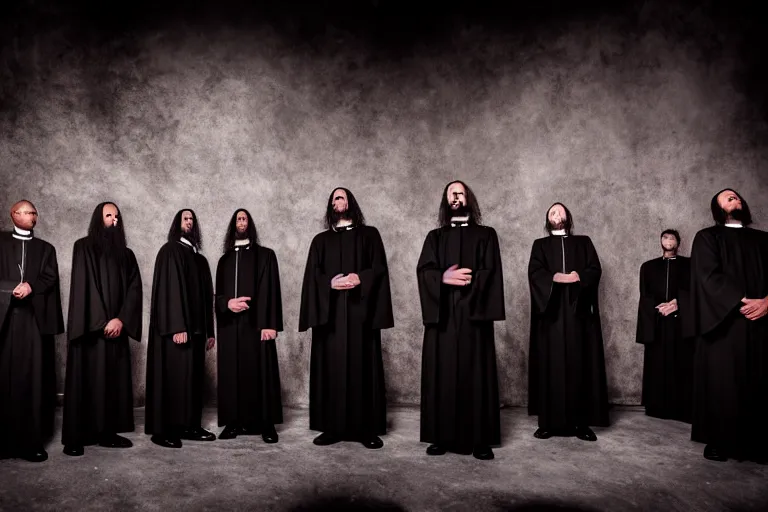 Image similar to a christian religious black that studies theology and arr becoming priests, band photo of a metal band playing christian black metal, stage outfits, cinematic, elegant, professional studio light, real dlsr photography, sharp focus, 4 k, ultra hd, sense of awe, high fashion