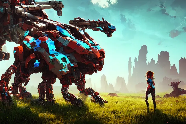 Image similar to grazer machine mecanical creature robot of horizon forbidden west horizon zero dawn bioluminiscence global illumination ray tracing hdr fanart arstation by ian pesty and alena aenami artworks in 4 k