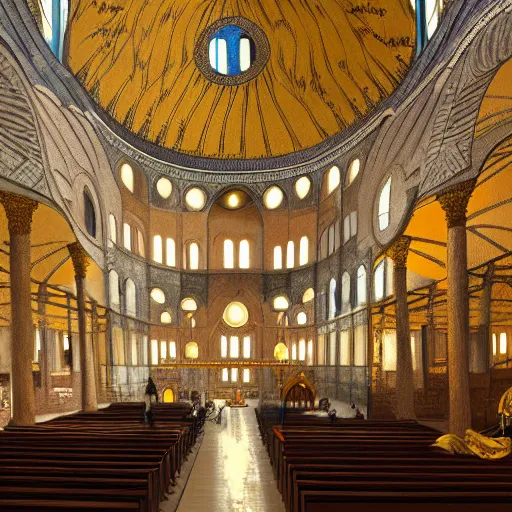 Prompt: divine liturgy being held inside the hagia sophia church, highly detailed, digital painting, concept art, sharp focus, by makoto shinkai