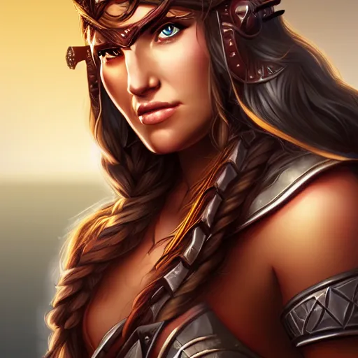 Image similar to head and shoulders portrait of a barbarian, female, d & d, high fantasy, by artgerm, behance hd, shutterstock, clean cel shaded vector art illustration,