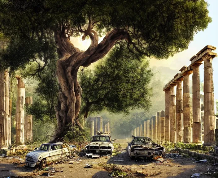 Image similar to a tree growing in ancient greek ruins, gray wasteland, many scrap cars, trash, rubble, overgrown, pillars and arches, flowers, vines, hyperrealistic, highly detailed, cinematic, ray of golden sunlight shining on the tree, beautiful, cgssociety, artstation, 8 k, oil painting by greg rutkowski, by artgerm, by wlop