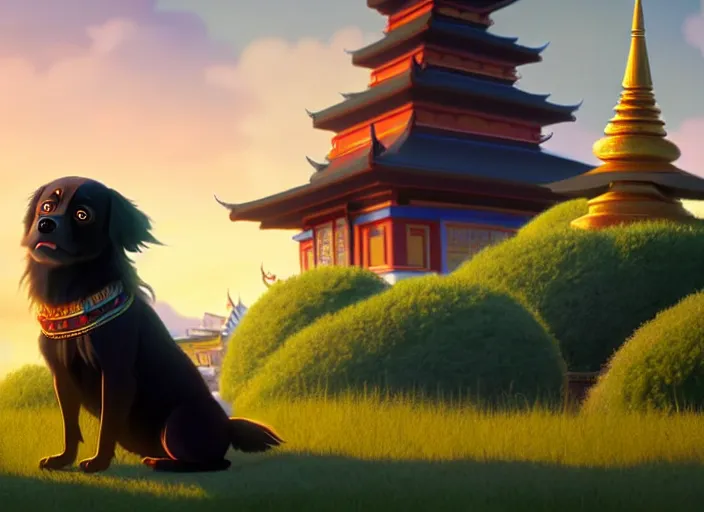 Image similar to a wholesome animation key shot of a black tibetan spaniel, thai temple in the background, studio ghibli, pixar and disney animation, sharp, rendered in unreal engine 5, anime key art by greg rutkowski, bloom, dramatic lighting