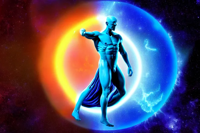 Prompt: dr Manhattan creator destroyer god controls every atom in the galaxy, selective color effect, cinematic, wide angle cinematography, yin Yang, 8k wallpaper