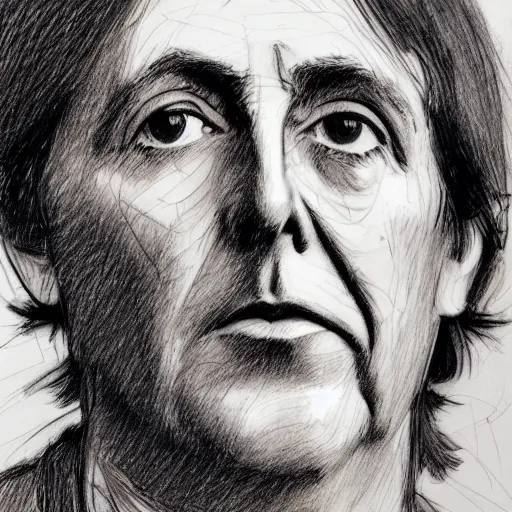 Prompt: a realistic yet scraggly portrait sketch of the side profile of a stern and sophisticated young paul mccartney, trending on artstation, intricate details, in the style of frank auerbach, in the style of sergio aragones, in the style of martin ansin, in the style of david aja, in the style of mattias adolfsson