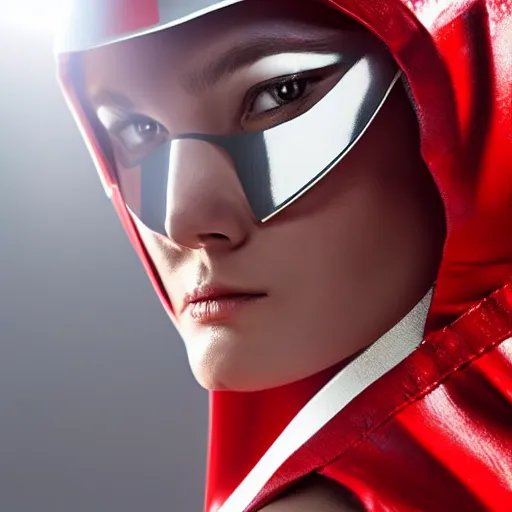 Image similar to headshot of an beautiful female soldier in glossy sleek white armor with tiny red details and a long red cape, downward angle, determined expression, on the surface of mars, night time, dramatic lighting, cinematic, sci-fi, hyperrealistic