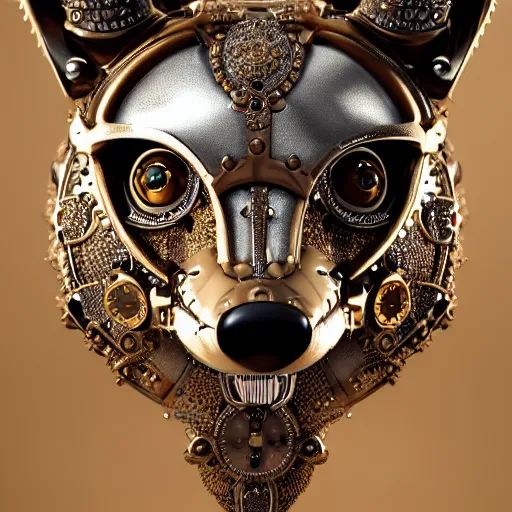 Image similar to A close up symmetric steampunk fox head with sparkling eyes made from ornate engraved full plate armor and Rolex gears and jewels and gems, macro shot by Justin Gerard, unreal engine, detailed, intricate, physically based rendering