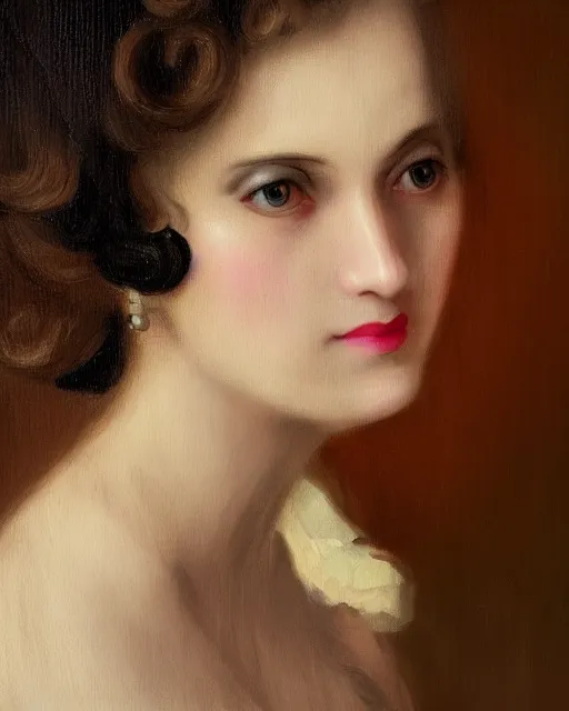 Image similar to close portrait rococo painting of a 1 9 2 0 s beautiful woman at a party in a mansion, strong contrast, unreal engine, hyper realism, realistic shading, cinematic composition, realistic render, octane render, detailed textures, photorealistic, ultrawide shot, 3 5 mm film