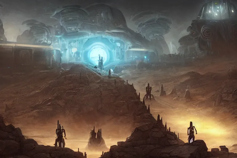 Image similar to ancient alien portral, a crowd of androids walking in a straight line along a path towards a portal, pilgrimage, in mad max style, stargate, coriolios rpg art style, full of details, dark sci - fi, cold blue colors, matte painting, artstation, 8 k, hyperrealistic, style of peter mohrbacher