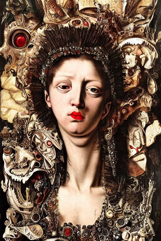 Image similar to Detailed maximalist portrait with large lips and with large eyes, sad exasperated expression, bones, HD mixed media, 3D collage, highly detailed and intricate illustration in the style of Caravaggio, dark art, baroque