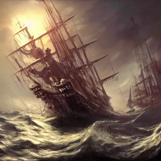 Prompt: a kraken rises from the ocean swallowing a pirate ship by raymond swanland, highly detailed