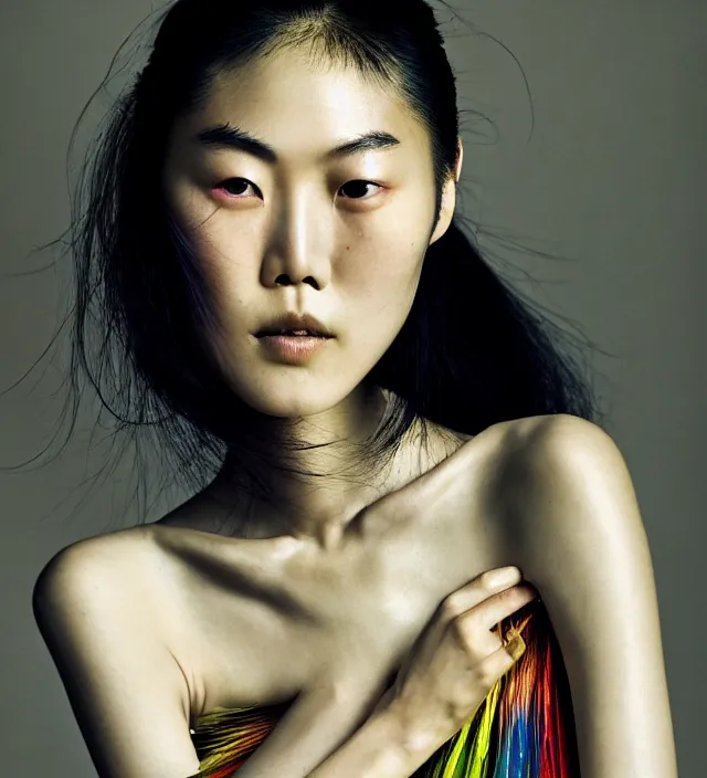 Image similar to photography american portrait of liu wen, natural background, sensual lighting, natural fragile pose, wearing stunning dress by iris van herpen, with a colorfull makeup. highly detailed, skin grain detail, photography by paolo roversi, nick knight, helmut newton, avedon, araki