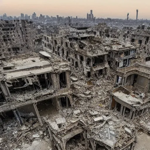 Prompt: the crumbling ruins of the war torn city of peace