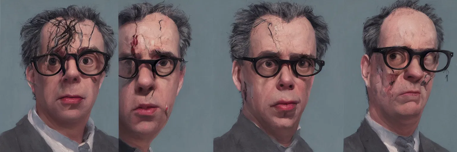 Prompt: colorful oil painting of character faces, realistic todd solondz turning into daniel day lewis, melting, glasses, disturbed, character sheet, fine details, concept design, contrast, kim jung gi, greg rutkowski and da vinci, 8 k, emotional, face turnaround 3 6 0, front view, back view, side view, ultra wide angle