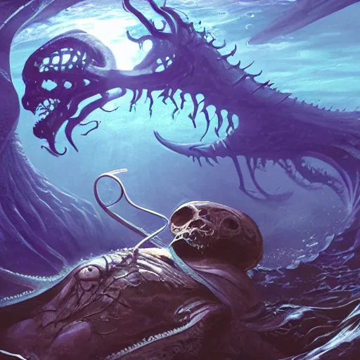 Image similar to A dead Eldritch god laying at the bottom of the ocean, Dungeons and Dragons book cover, epic art, 4K