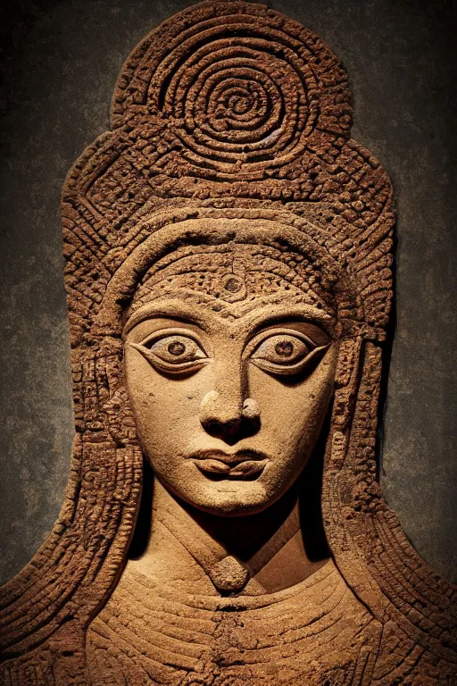 Image similar to photo of the ancient portrait of extremely beautiful demon goddess from sumeria, rock art, symmetrical, cinematic, real dlsr photography, sharp focus, 4 k, ultra hd, sense of awe, archeology journal cover