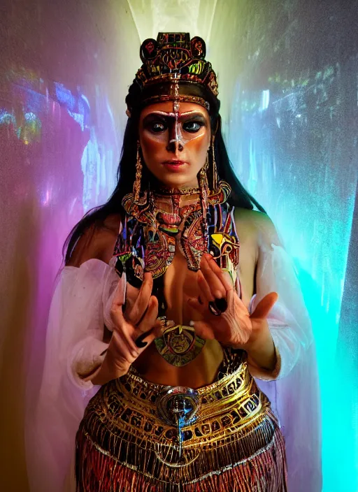 Image similar to photo shoot pose photo of beautiful aztec ancient princess standing in the corridor in the sacred temple, symmetrical face, big eyes and lips, looking down, subtle makeup, clean face and body skin,ecstatic expression, ornamental jewelry and ancient translucent clothes, futuristic space ship interrior, wires with lights,depth of field, lens flares, dust in the air, moody lighting, intricate, elegant, highly detailed, centered, smooth, sharp focus, Donato Giancola, Joseph Christian Leyendecker, WLOP, Boris Vallejo, Artgerm moody photography, old photo, black and white, sepia, cinematic lighting, cinematic angle, editorial photography