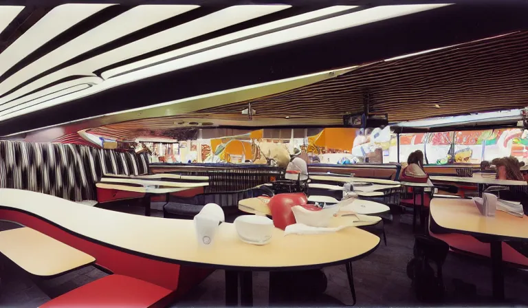 Image similar to The interior of a McDonalds designed by Zaha Hadid, 35mm film, long shot