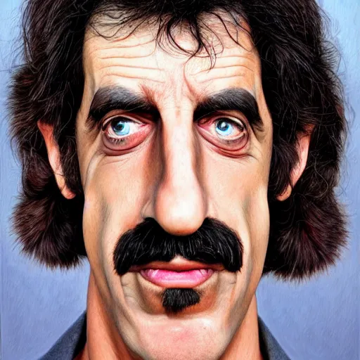 Image similar to Caricature portraits done of Frank Zappa, realistic, hyperrealistic, very realistic, highly detailed, very detailed, extremely detailed, detailed, oil painting, digital art, trending on artstation