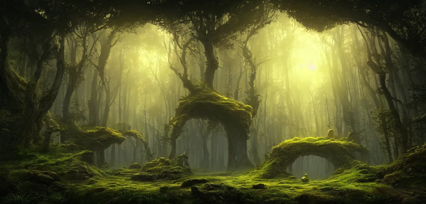 Image similar to random mystic forest huge house landscape, big glowing magic portal, central symmetrical composition, incredible, vector art, octane render, fabulous, hyper detailed, random cinematic view, no noise, global illumination, warm lighting, volumetric, godrays, vivid, beautiful, by jordan grimmer