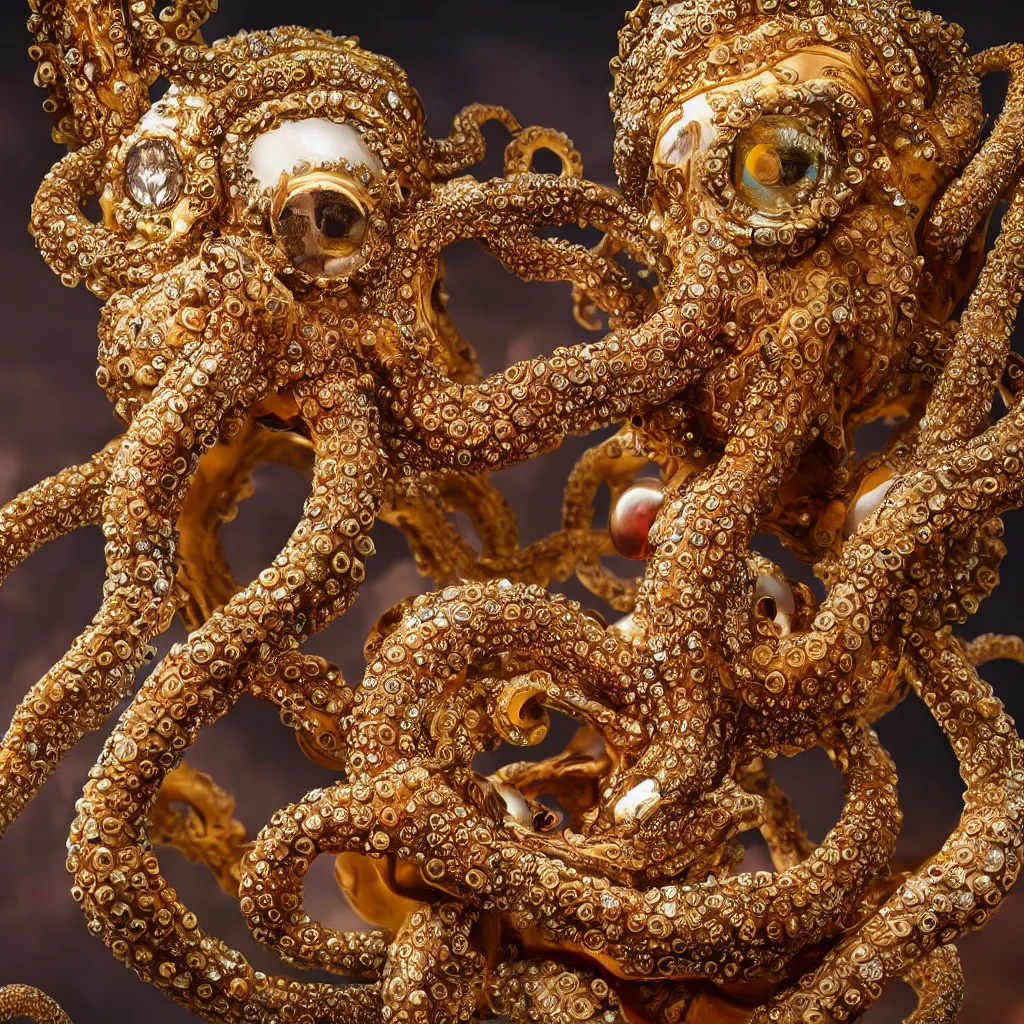 Prompt: a high-resolution color-chrome extreme closeup portrait photo of a octopus kissing a incredible elegant pale renaissance rococo Queen, with ornate jewelled, rococo Queen, sci-fi, high-tech, beautiful low light, style Steve McCurry Octane render 8k