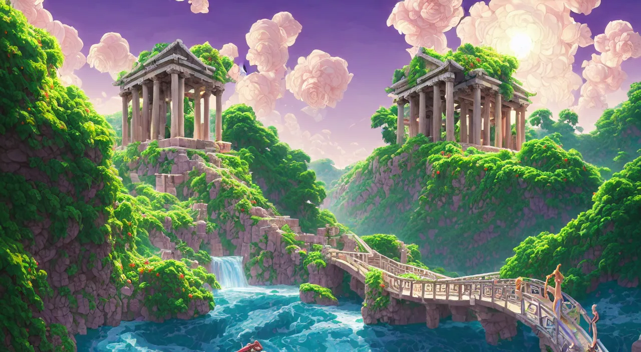 Prompt: little wood bridge painting of atlantis zeus statue and hill valley grec temple of olympus glory tower ivy plant grow flower multicolor rose, in marble incrusted of legends heartstone official fanart behance hd by jesper ejsing, by rhads, makoto shinkai and lois van baarle, ilya kuvshinov, rossdraws global illumination