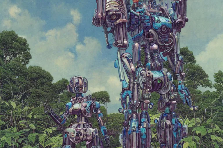 Image similar to most blues, evangelionic illustration, gigantic girl head, a lot of exotic vegetation, trees, tremendous mecha robot, flowers, oldschool vintage sci - fi flat surreal design, super - detailed, oil painting by moebius, hd, 4 k, high quality